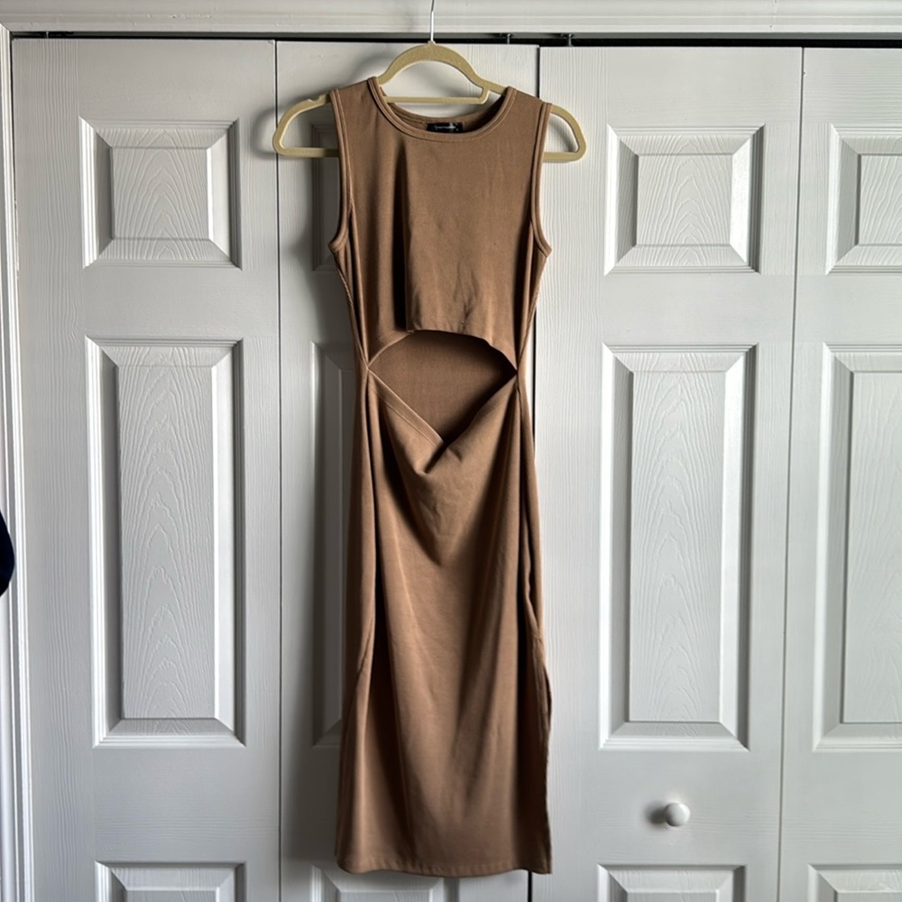 PRETTYGARDEN Women Summer Midi Bodycon Dresses Casual Crew Neck Side Slit Camel - Picture 5 of 10